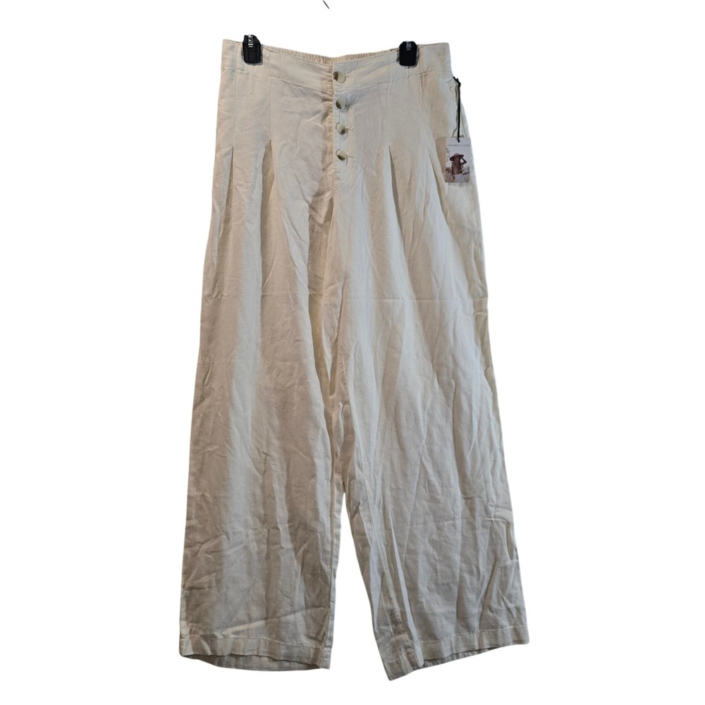 Sincerely Jules Wide Leg Linen Blend‎ Pants Cream Button Fly Pleated Cropped L
